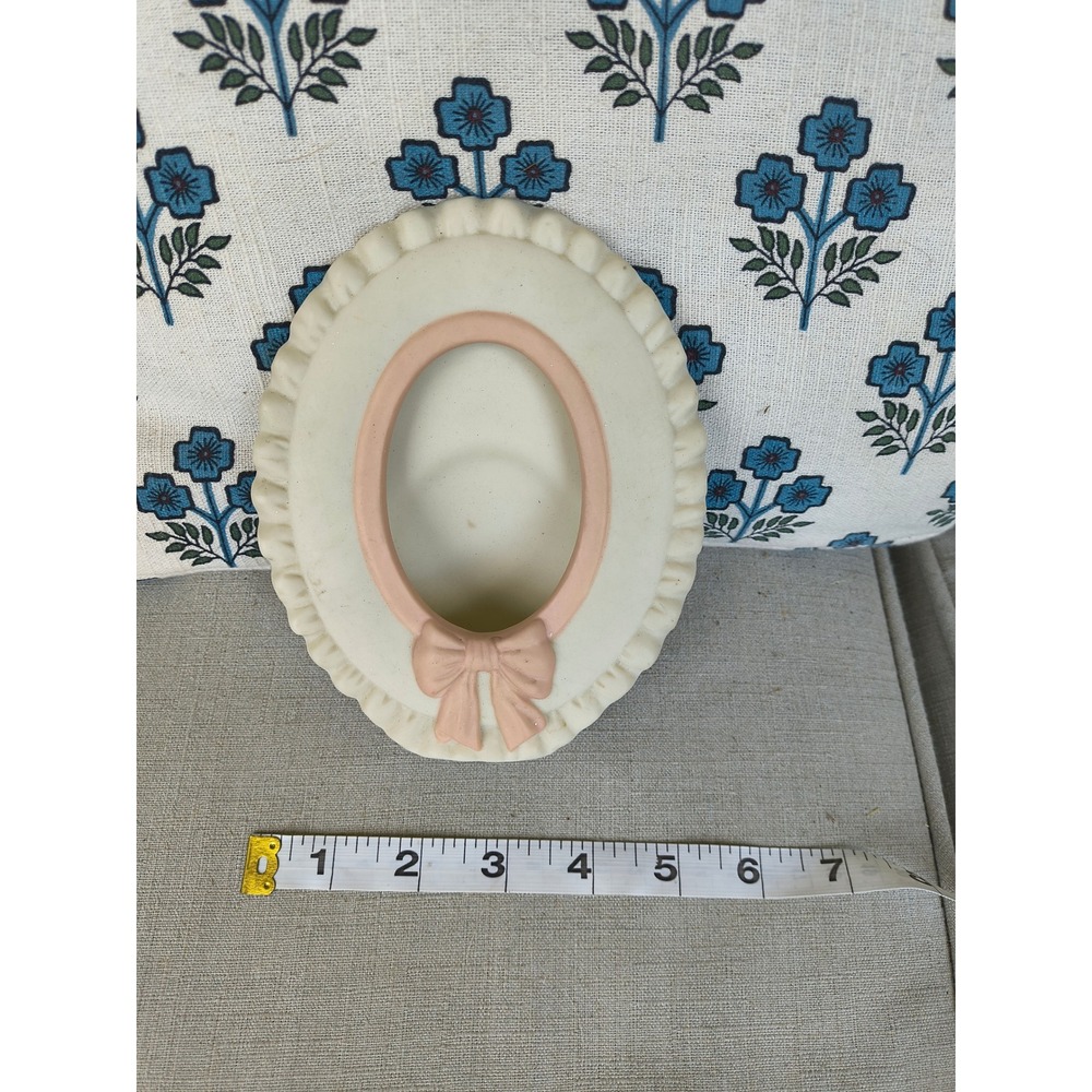 Vintage Ceramic Bisque Oval Picture Frame Pink Bow Ruffled Cream Victorian Style